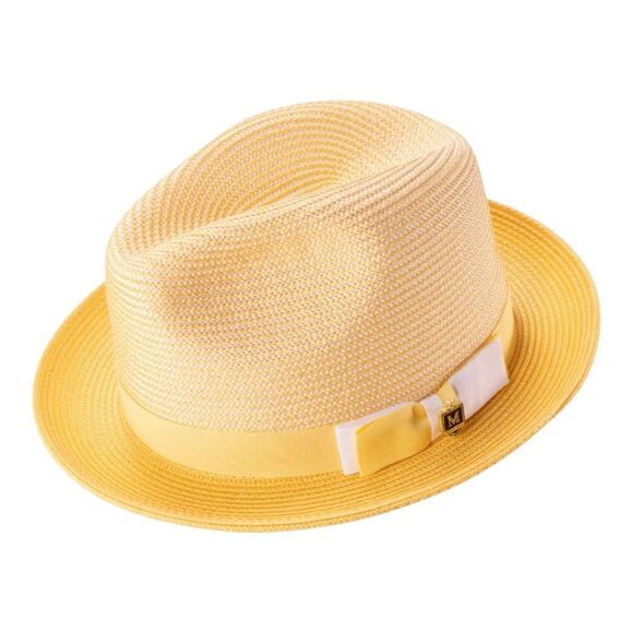 MONTIQUE MENS CANARY BRAIDED TWO TONE STINGY BRIM PINCH FEDORA HAT. H68. - Picture 2 of 2